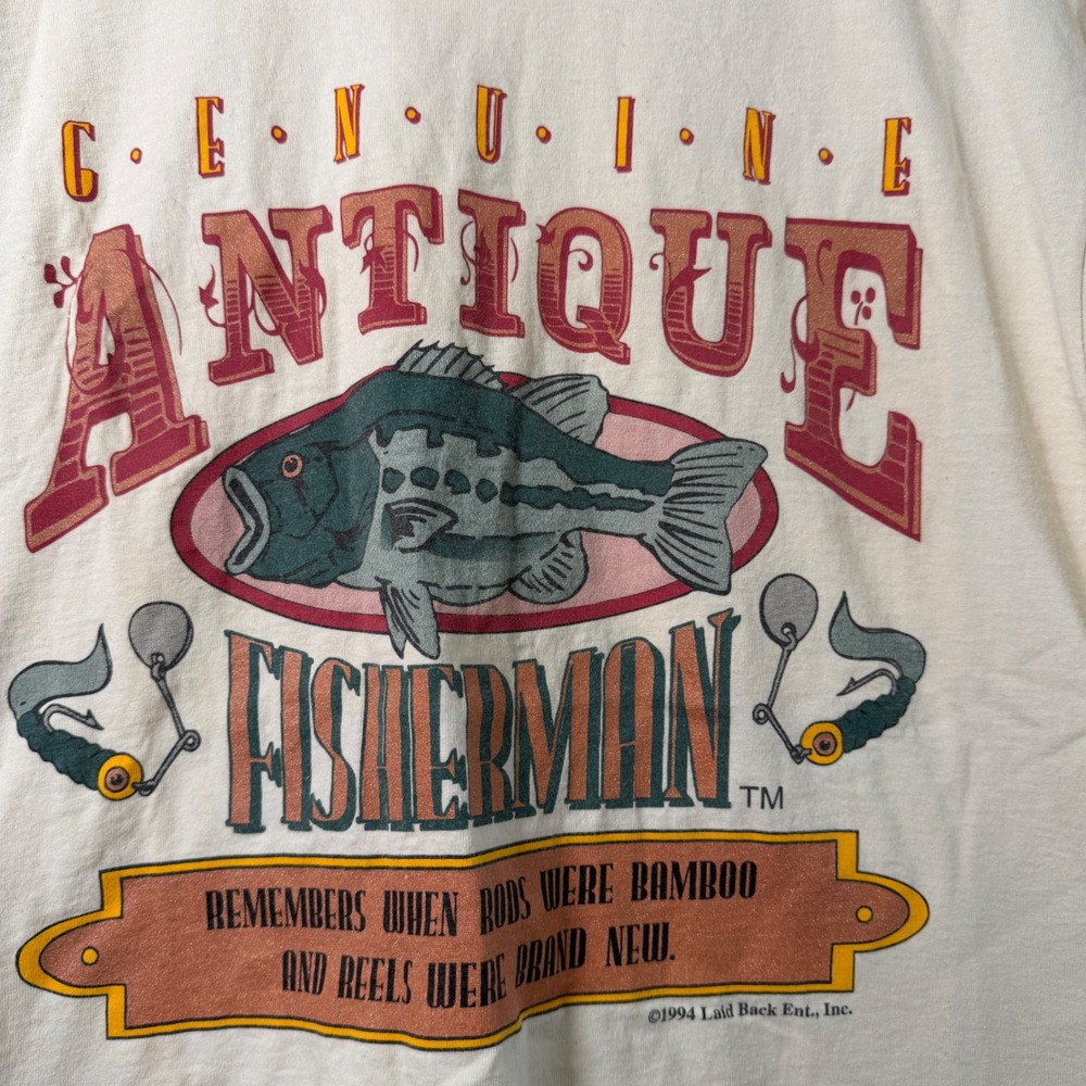 Vintage 1994 Lee Total Cotton Genuine Antique Fisherman T-Shirt Cream Large USA